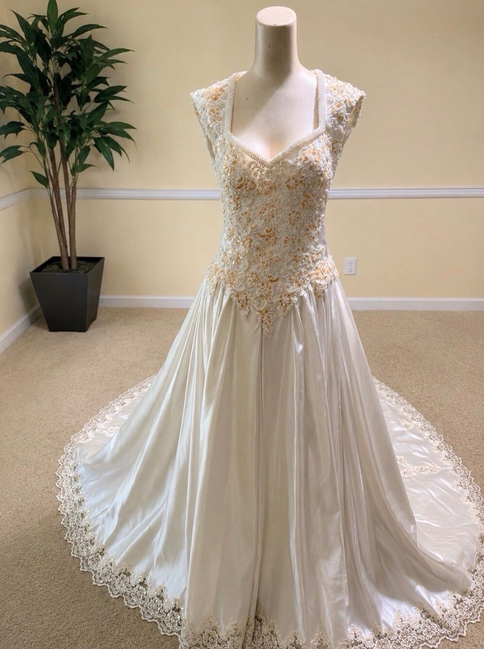 Vintage Handstitched Embroidered and Intricate Beaded Satin Wedding Gown Size 8